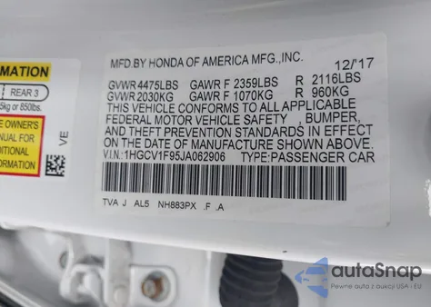 2018 Honda Accord Touring from USA, damaged, VIN 1HGCV1F95JA062906